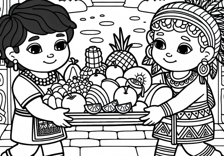 Children help carry offerings of fruits - Aztec coloring page free