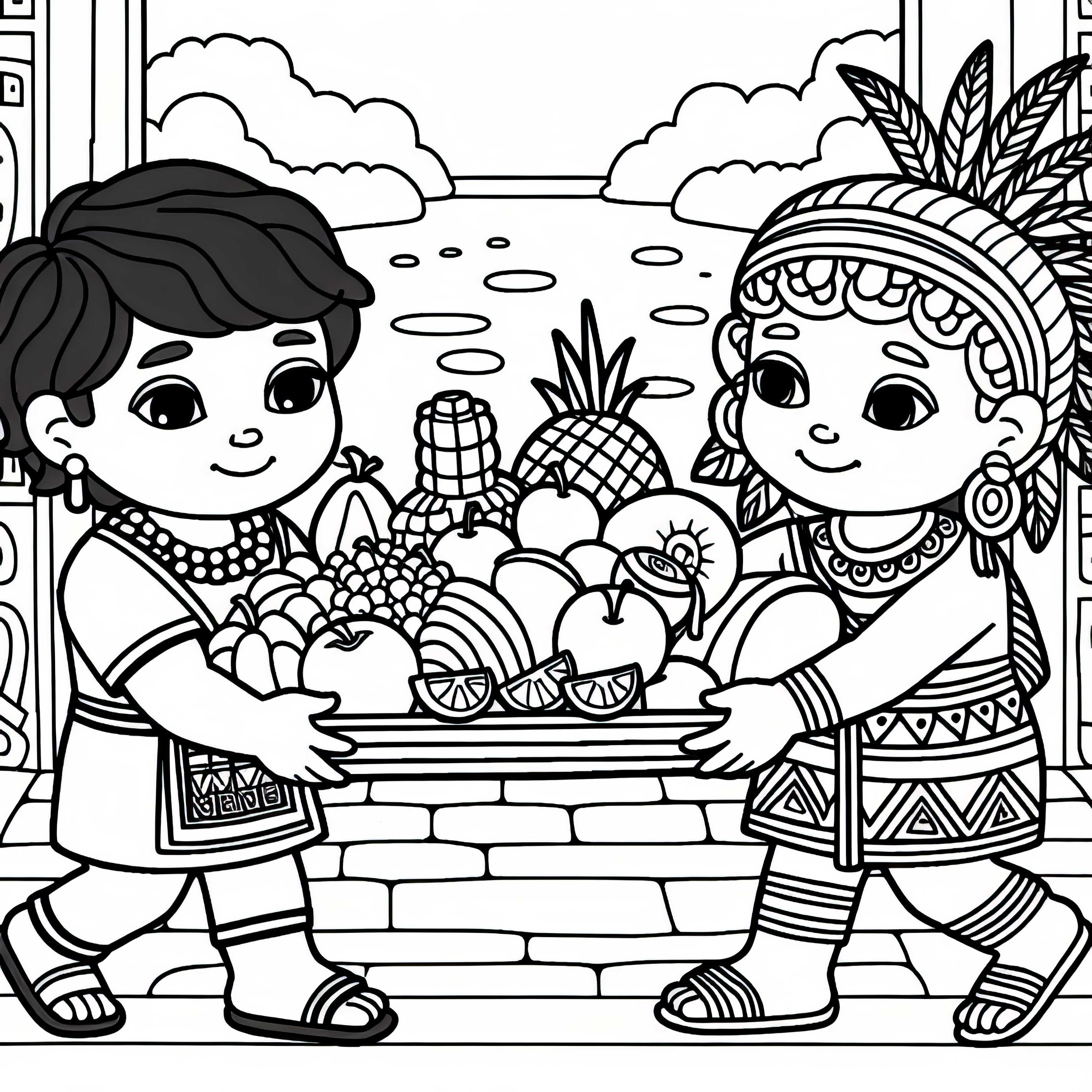Children help carry offerings made of fruits – Free coloring page of the Aztecs Children help carry offerings of fruits – Free coloring page Aztecs
