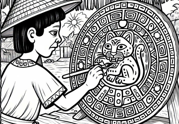 Coloring page for children: Painted wooden sign with jaguar symbol - Aztec coloring template free
