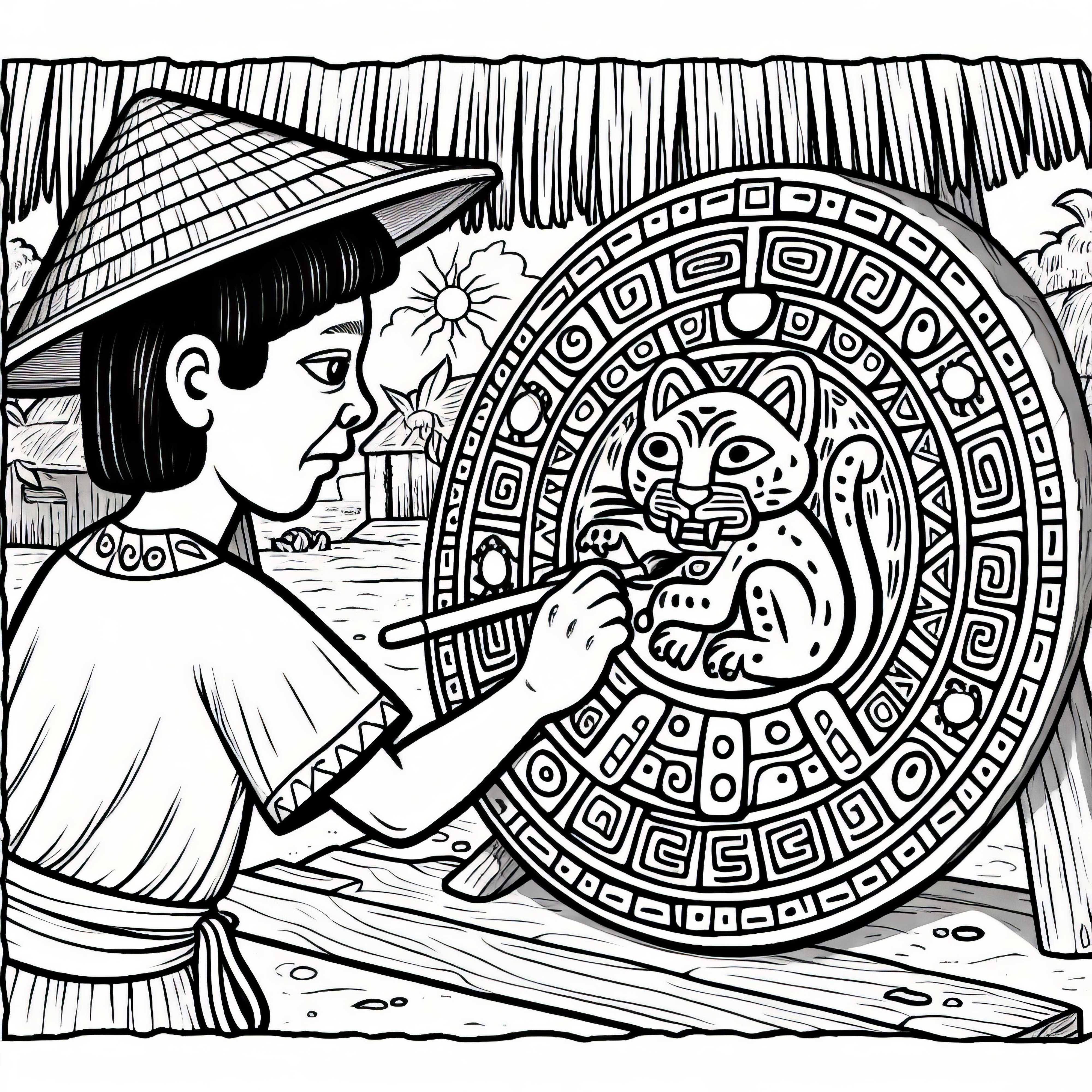 Coloring picture for children: Painted wooden sign with jaguar symbol - free Aztec coloring template Coloring page for kids: Painted wooden sign with jaguar symbol - Aztec coloring template free