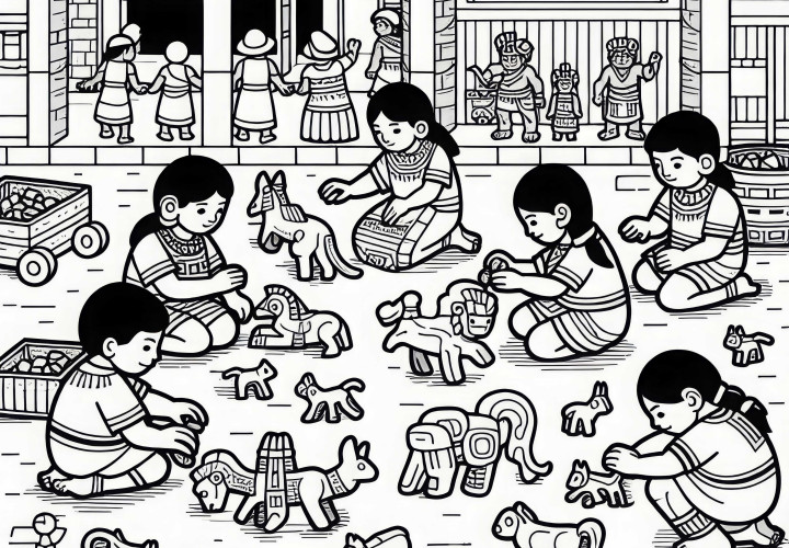 Children playing with animal figures in the marketplace – Free coloring page Aztecs