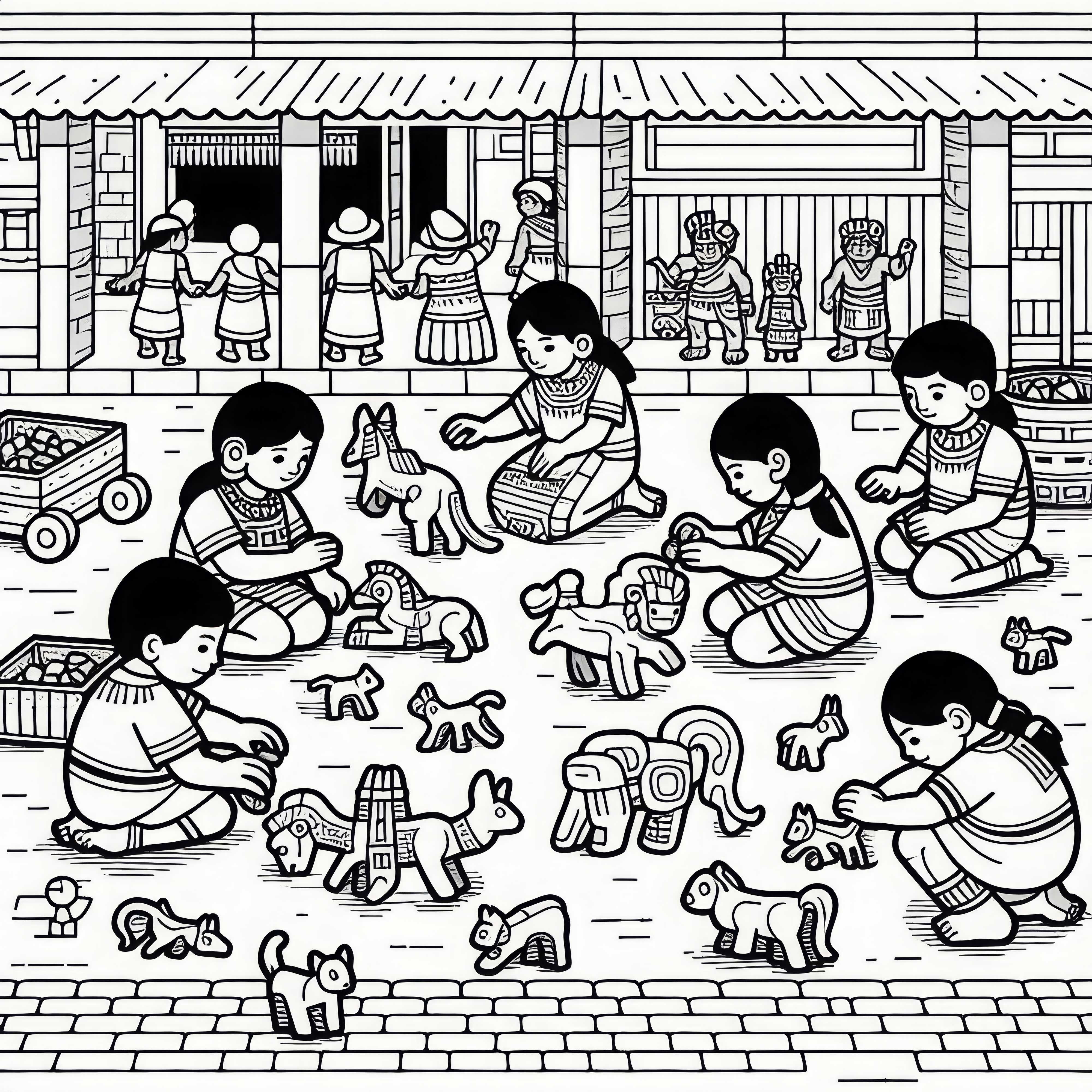 Children play with animal figures in the marketplace - Free coloring page of Aztecs Children playing with animal figures in the marketplace – Free coloring page Aztecs