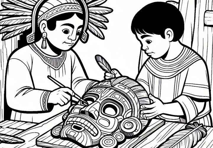 Coloring page: Carving a mask from the time of the Aztecs – Free