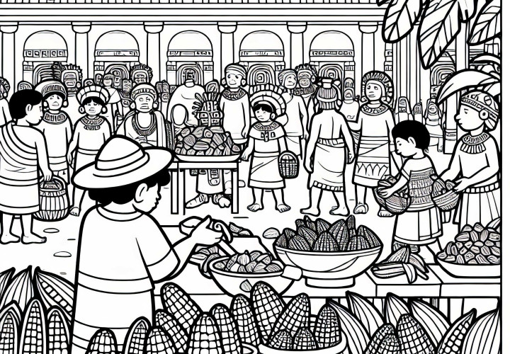 Market where cocoa and corn are exchanged - Free coloring page Aztecs