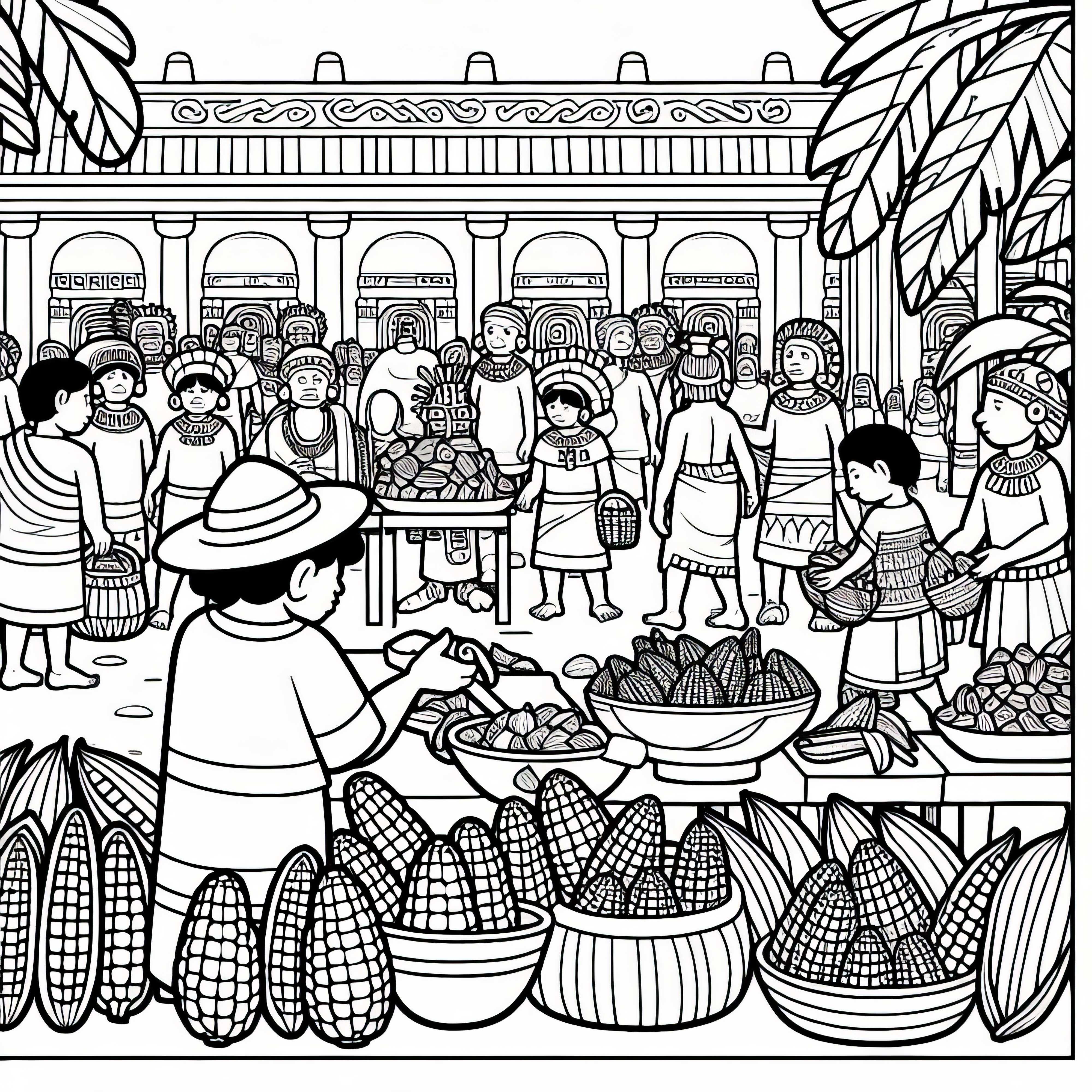 Market where cocoa and corn are exchanged - Aztec coloring page free Market where cocoa and corn are exchanged – Free coloring page Aztecs