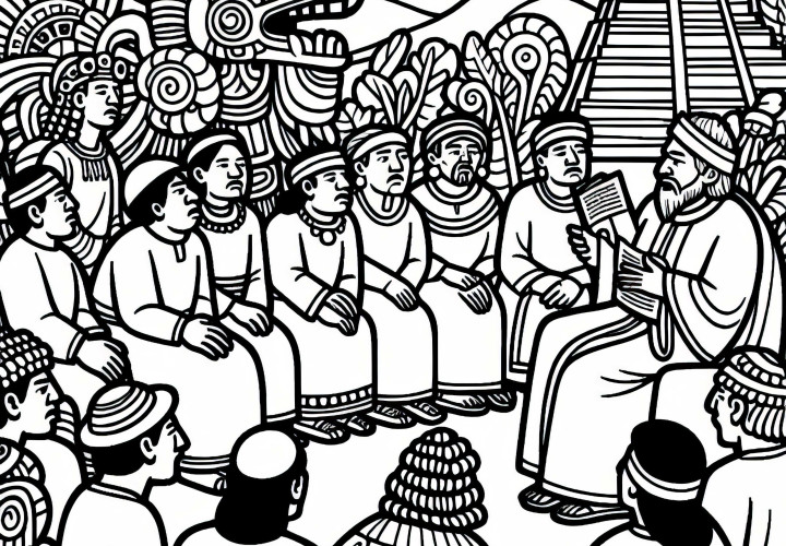 Group listens to a man telling a story about Quetzalcoatl – Free coloring page Aztecs
