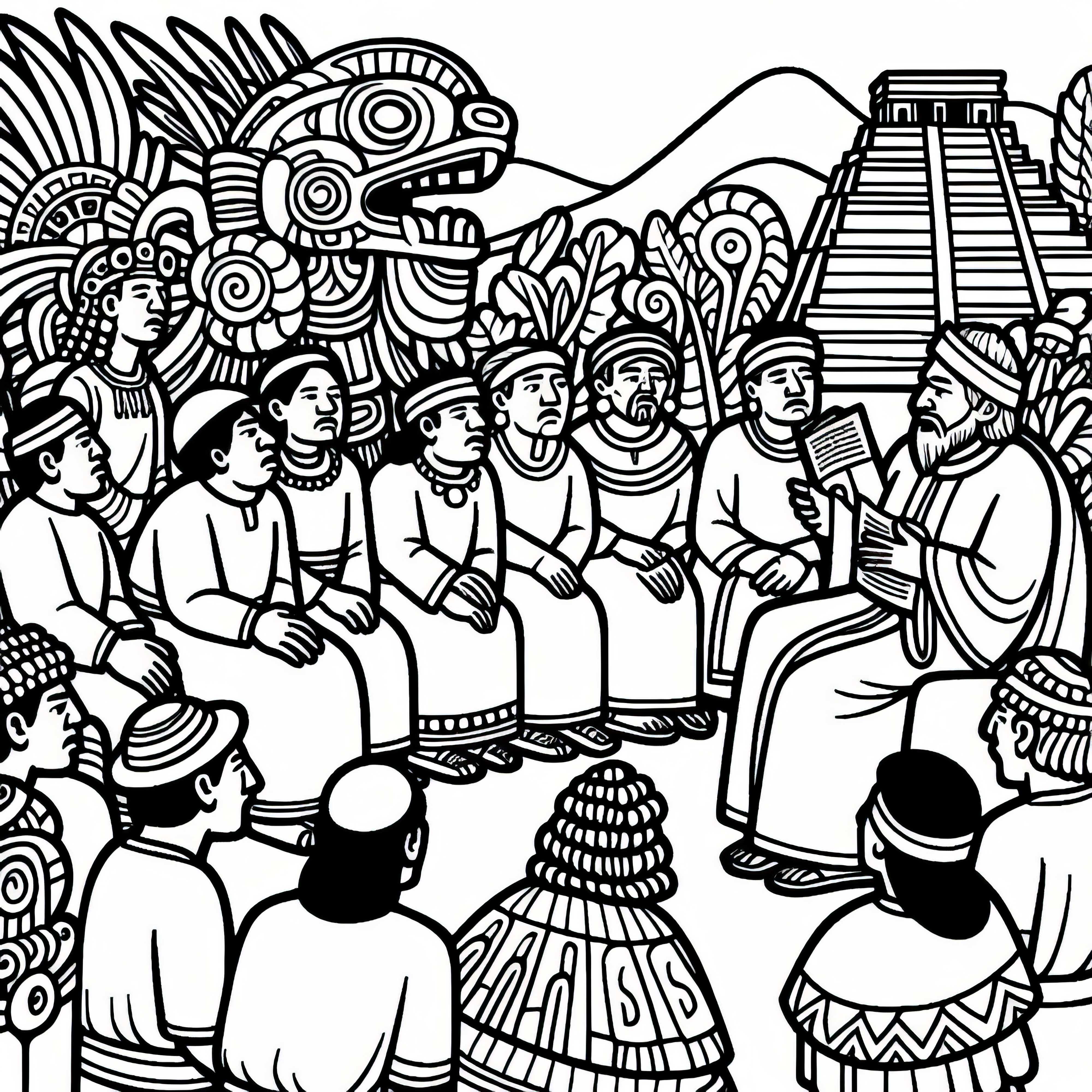 Gruppe lauscht Mann, der eine Geschichte von Quetzalcoatl erz&auml;hlt &ndash; Ausmalbild Azteken gratis