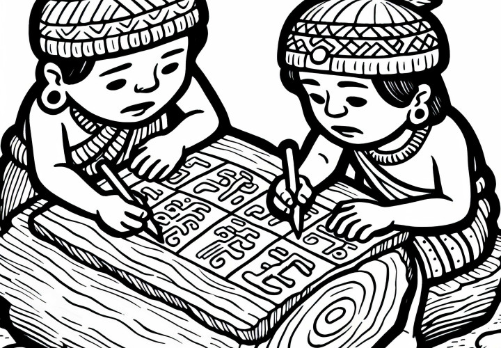Coloring template: Children practice writing from images on bark – Aztecs