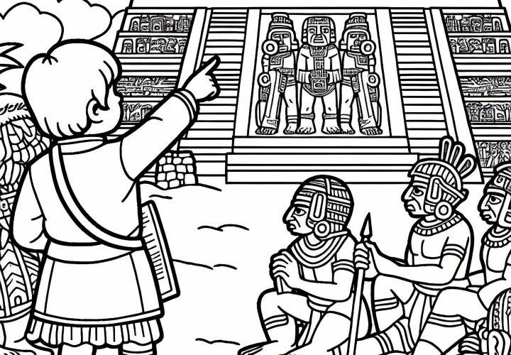 Boy points to temple - coloring page Aztecs free