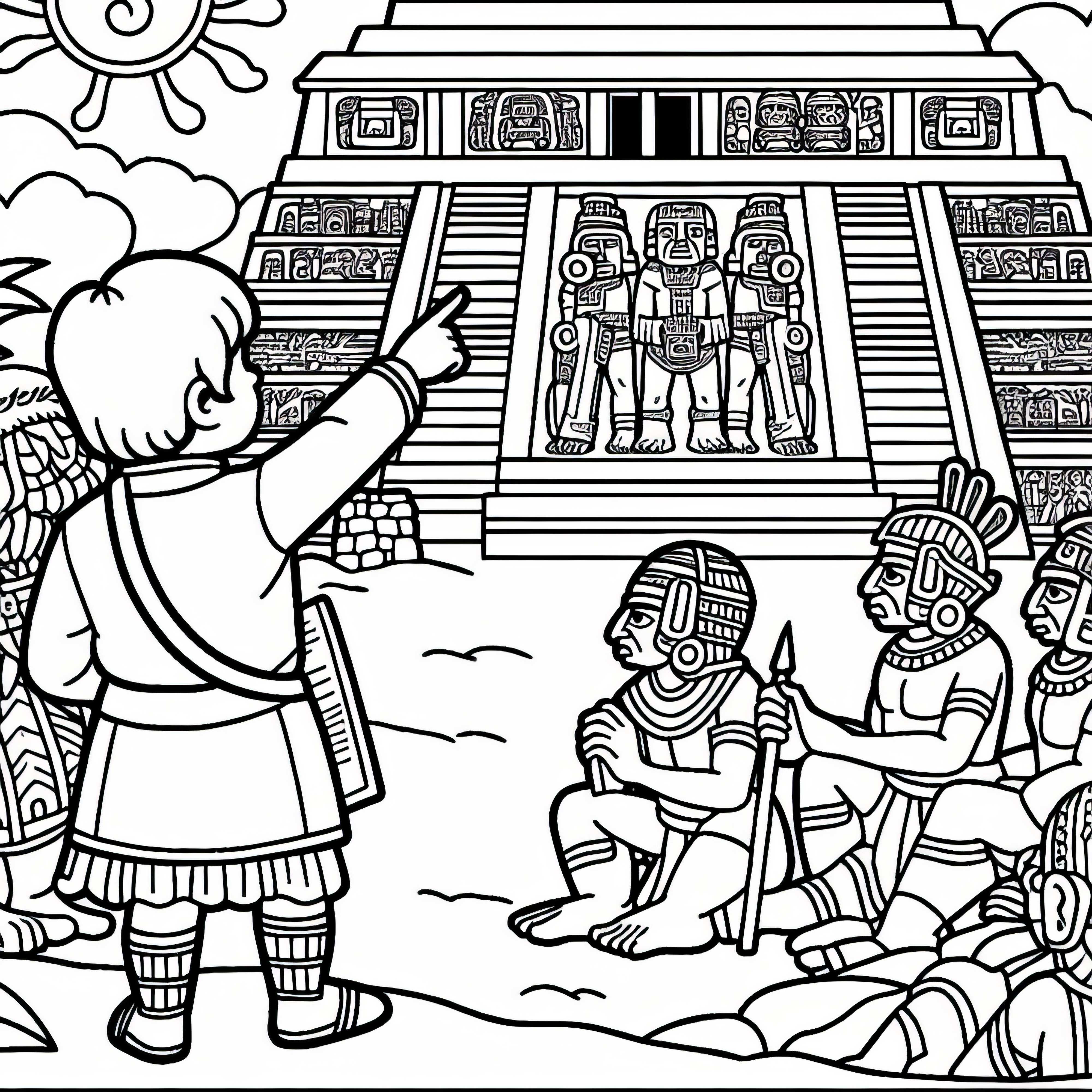 Boy points to temple - Free coloring page Aztecs Boy points at temple - Aztec coloring page free