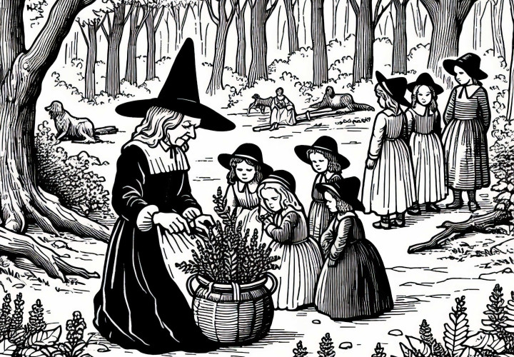 Children see an old woman collecting herbs in the forest for a free coloring page on witch hunts