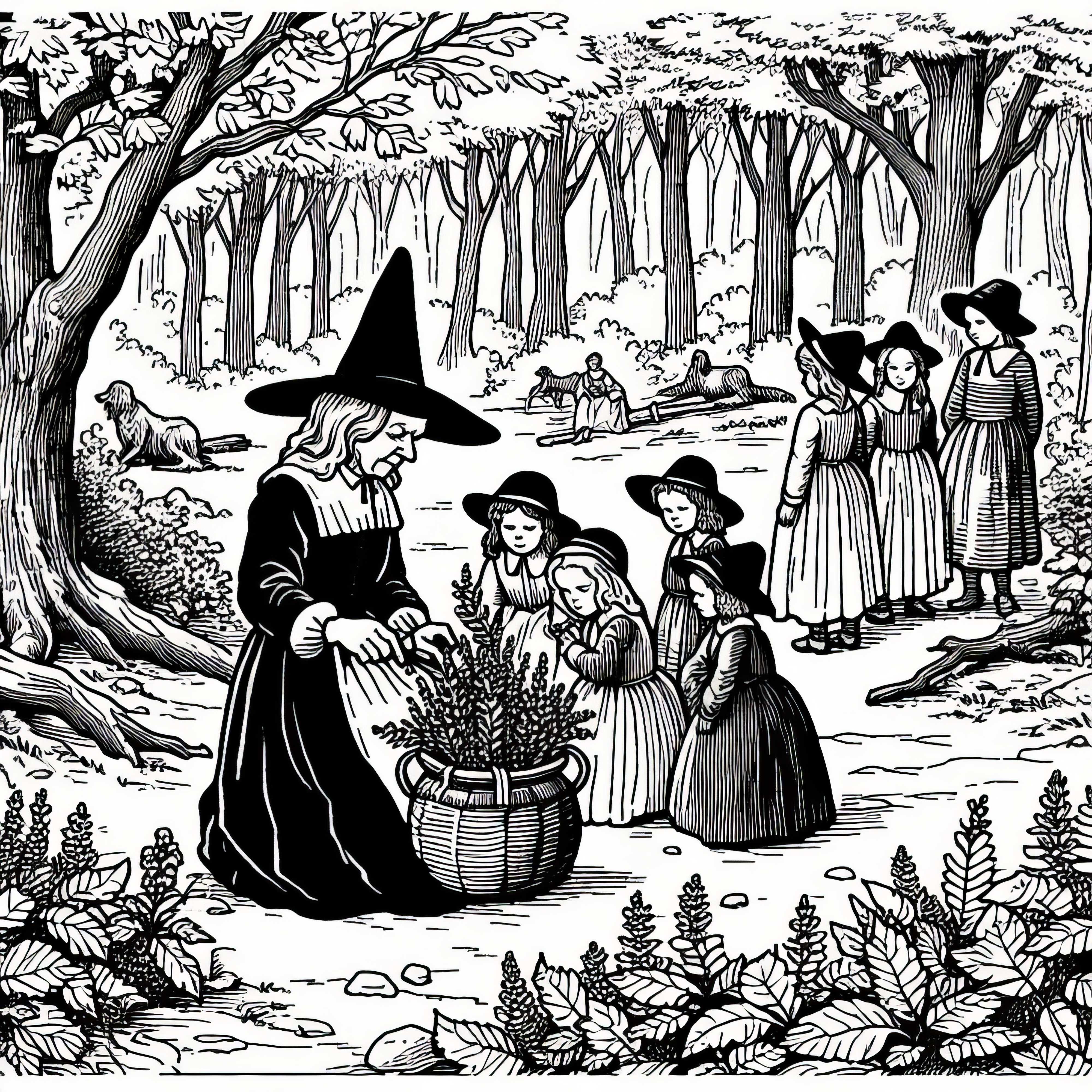 Children see an old woman collecting herbs in the forest for a free coloring page on witch hunts Children see an old woman collecting herbs in the forest for a free coloring page on witch hunts