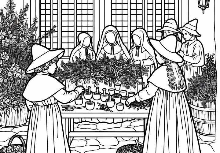 Sorting herbs on the table: Free download of coloring template for witch hunts
