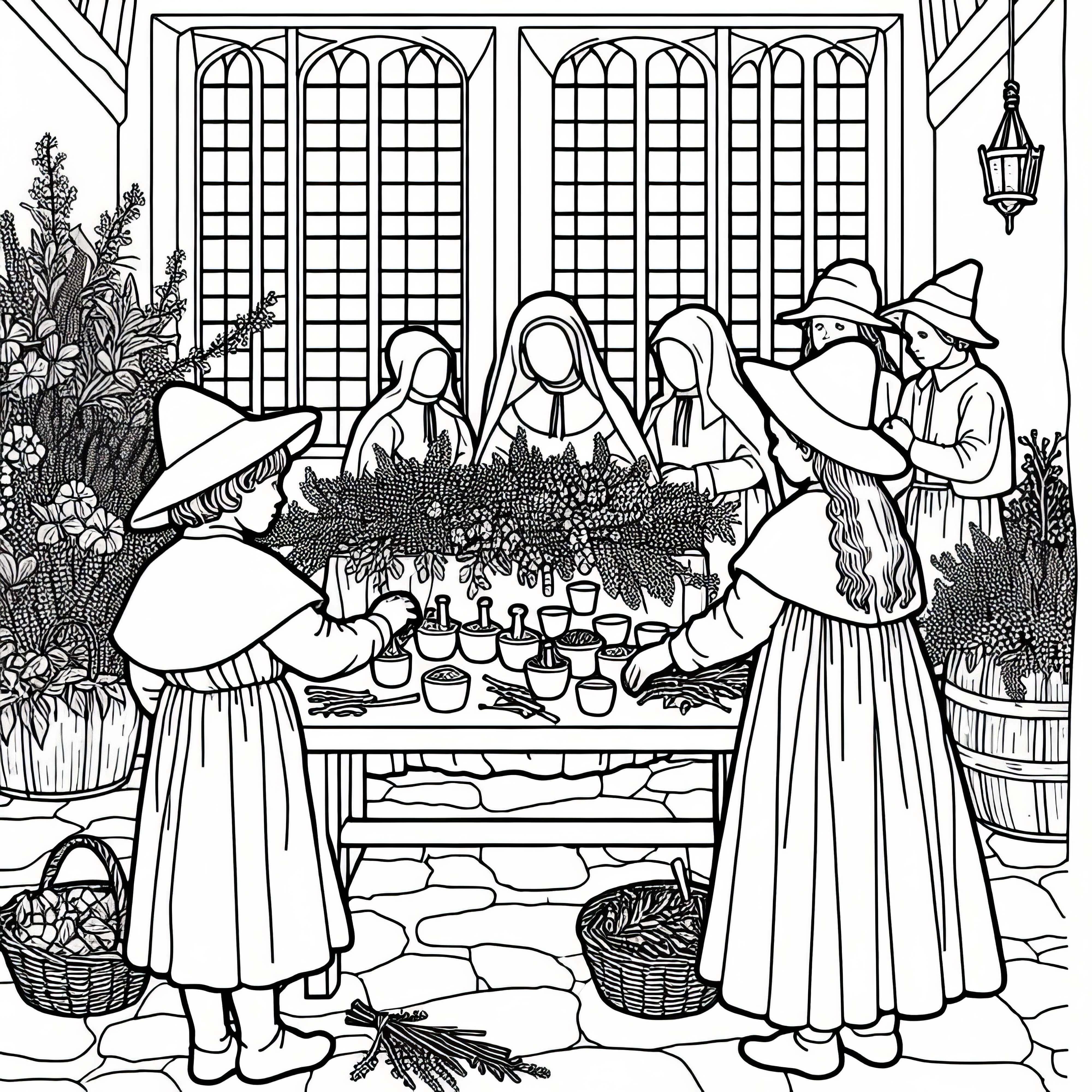 Sort herbs on the table: Download the coloring page for witch persecution for free Sorting herbs on the table: Free download of a coloring page for witch hunts
