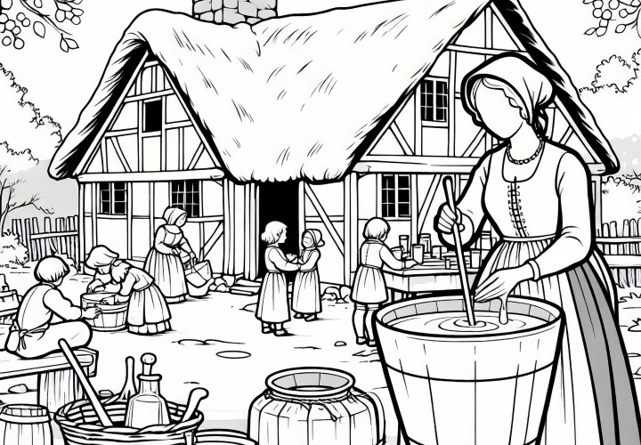 Coloring page of a woman stirring ointments in front of a village house - witch persecution free of charge