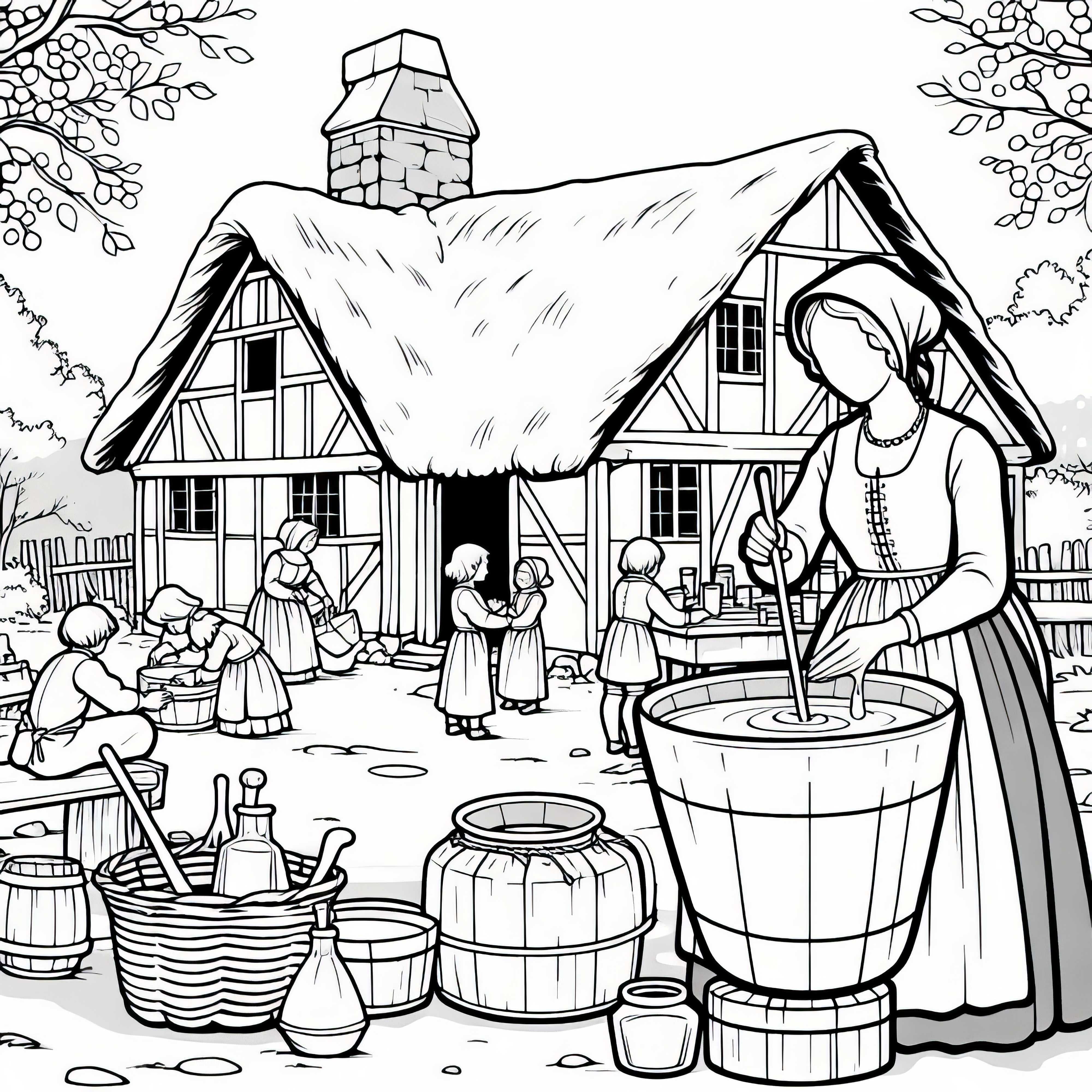 Coloring page of a woman stirring ointments in front of a village house - witch hunt free of charge Coloring page of a woman stirring ointments in front of a village house - witch hunt free