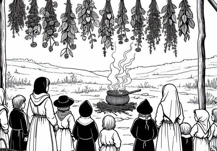 Herbs for Drying Hung on a Line - Coloring Page Witch Hunt Free