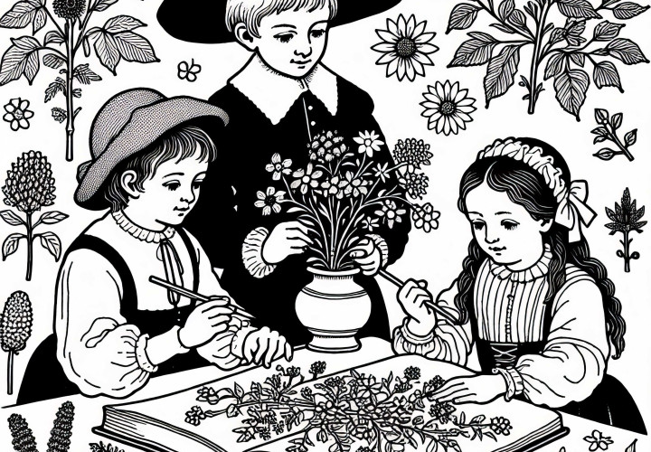 Children Paint Flowers according to a Book Coloring Template Witch Hunt Free
