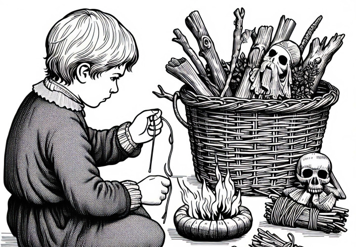 Kind bastelt einen kleinen Schutzanhänger aus Holz – Ausmalbild zur Hexenverfolgung kostenlos