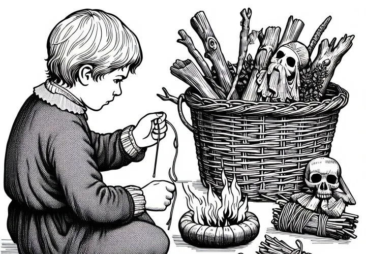 Kind bastelt einen kleinen Schutzanhänger aus Holz – Ausmalbild zur Hexenverfolgung kostenlos