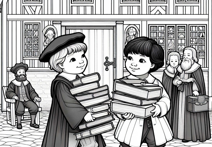 Дети несут стопки книг в школу – Раскраска Реформации бесплатно
