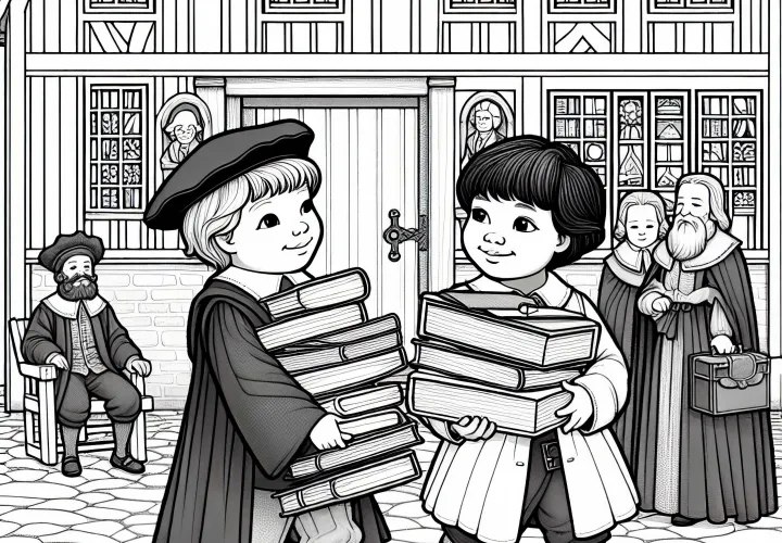 Дети несут стопки книг в школу – Раскраска Реформации бесплатно