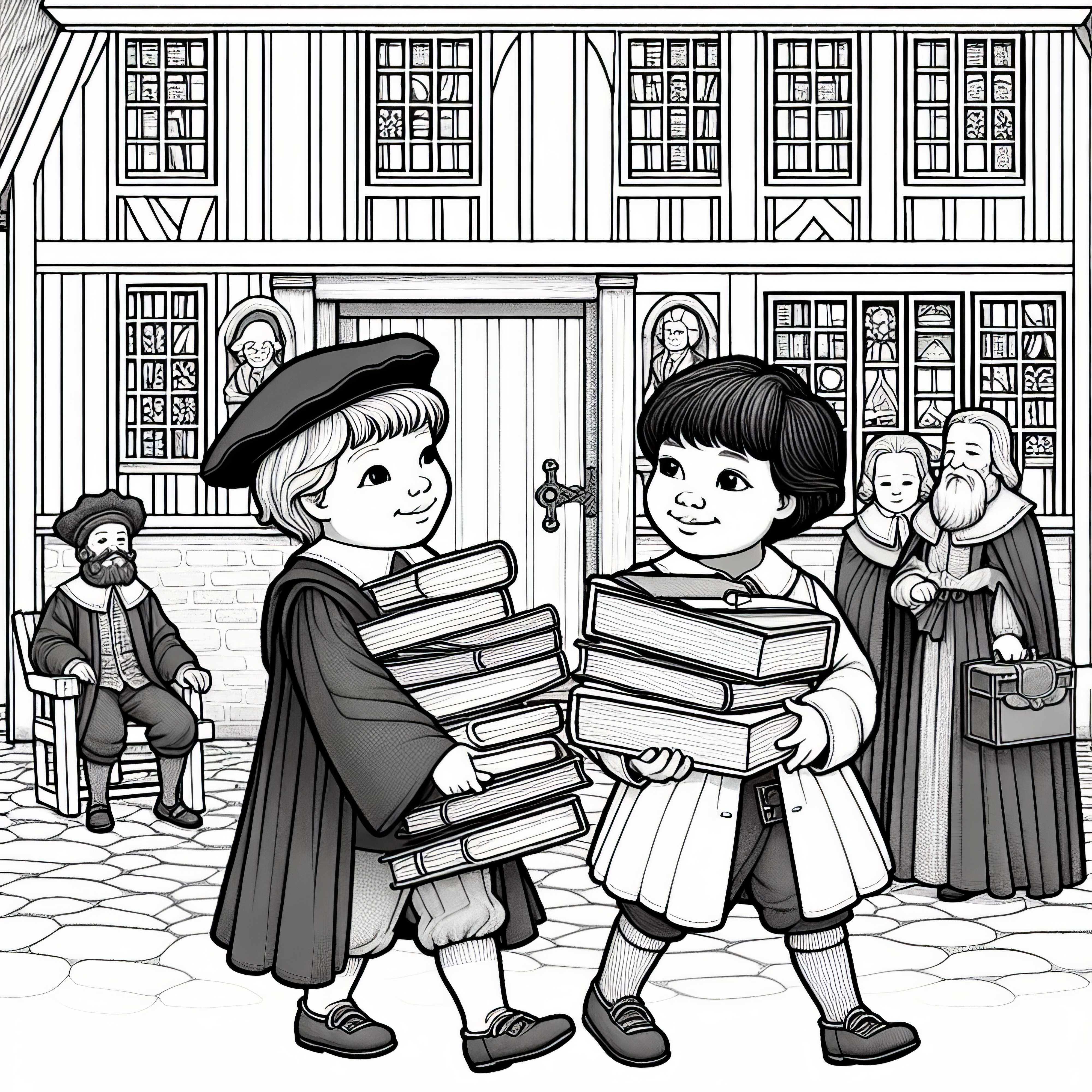 Barn b&aelig;rer stabler med b&oslash;ker i skolebygningen &ndash; Malebok Reformasjonen Gratis