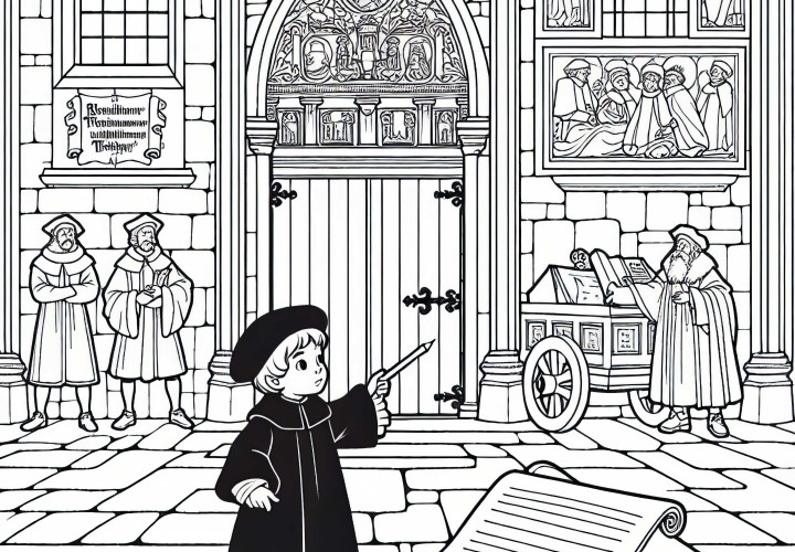 Ребенок стоит перед церковной дверью в Виттенберге – бесплатный раскраски по теме Реформации