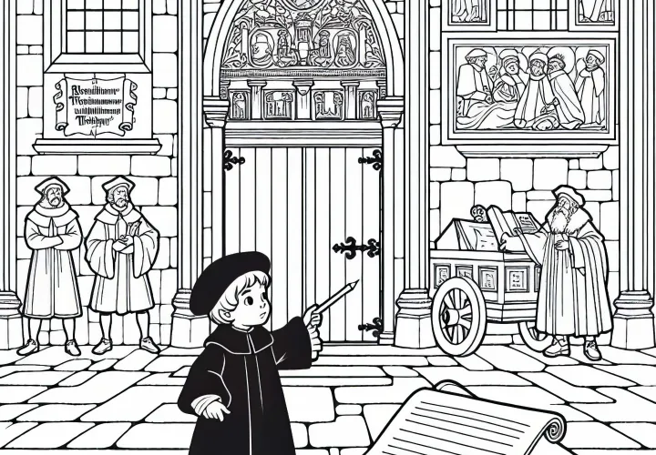 Ребенок стоит перед церковной дверью в Виттенберге – бесплатный раскраски по теме Реформации