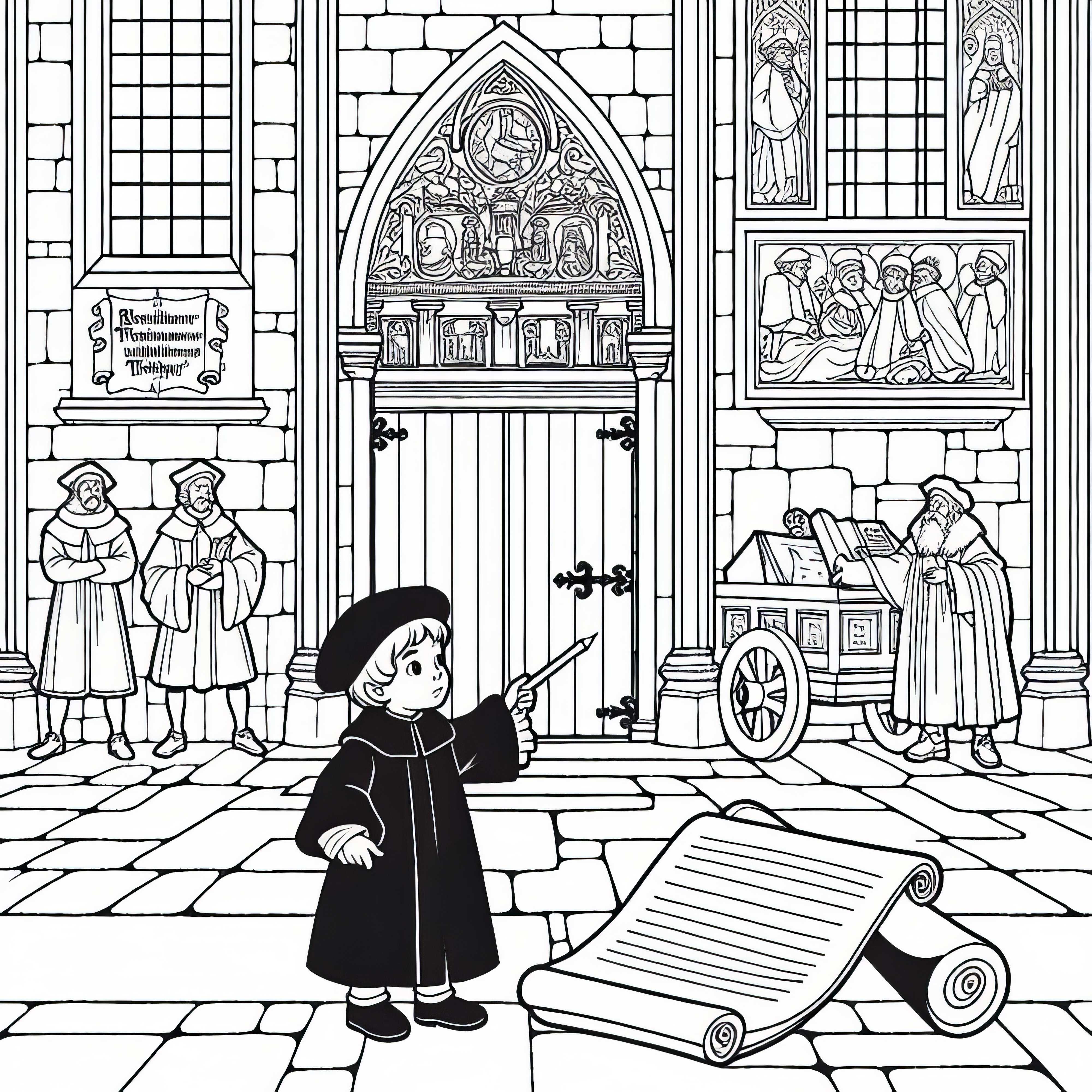 &Ccedil;ocuk Wittenberg'deki kilise kapısının &ouml;n&uuml;nde &ndash; Reformasyon i&ccedil;in &uuml;cretsiz boyama sayfası