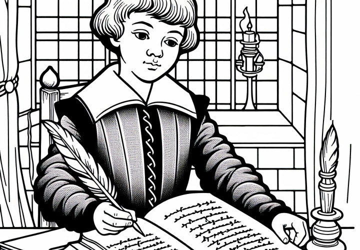 Мальчик пишет стихи пером и чернилами в школьной тетради – бесплатный шаблон для раскраски Реформации