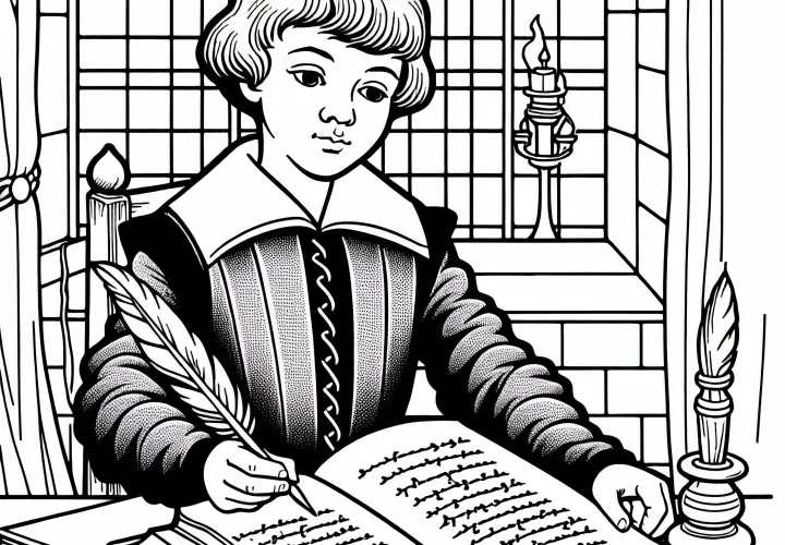 Мальчик пишет стихи пером и чернилами в школьной тетради – бесплатный шаблон для раскраски Реформации