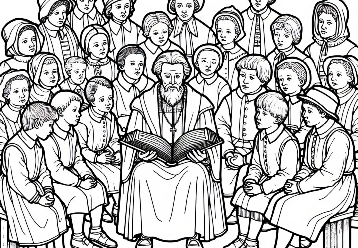 Barn lytter til voksne som leser fra Bibelen – Malemal for reformasjonen gratis