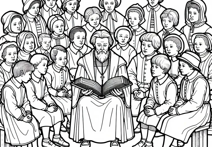 Дети слушают взрослых, которые читают из Библии – бесплатный раскраска к Реформации