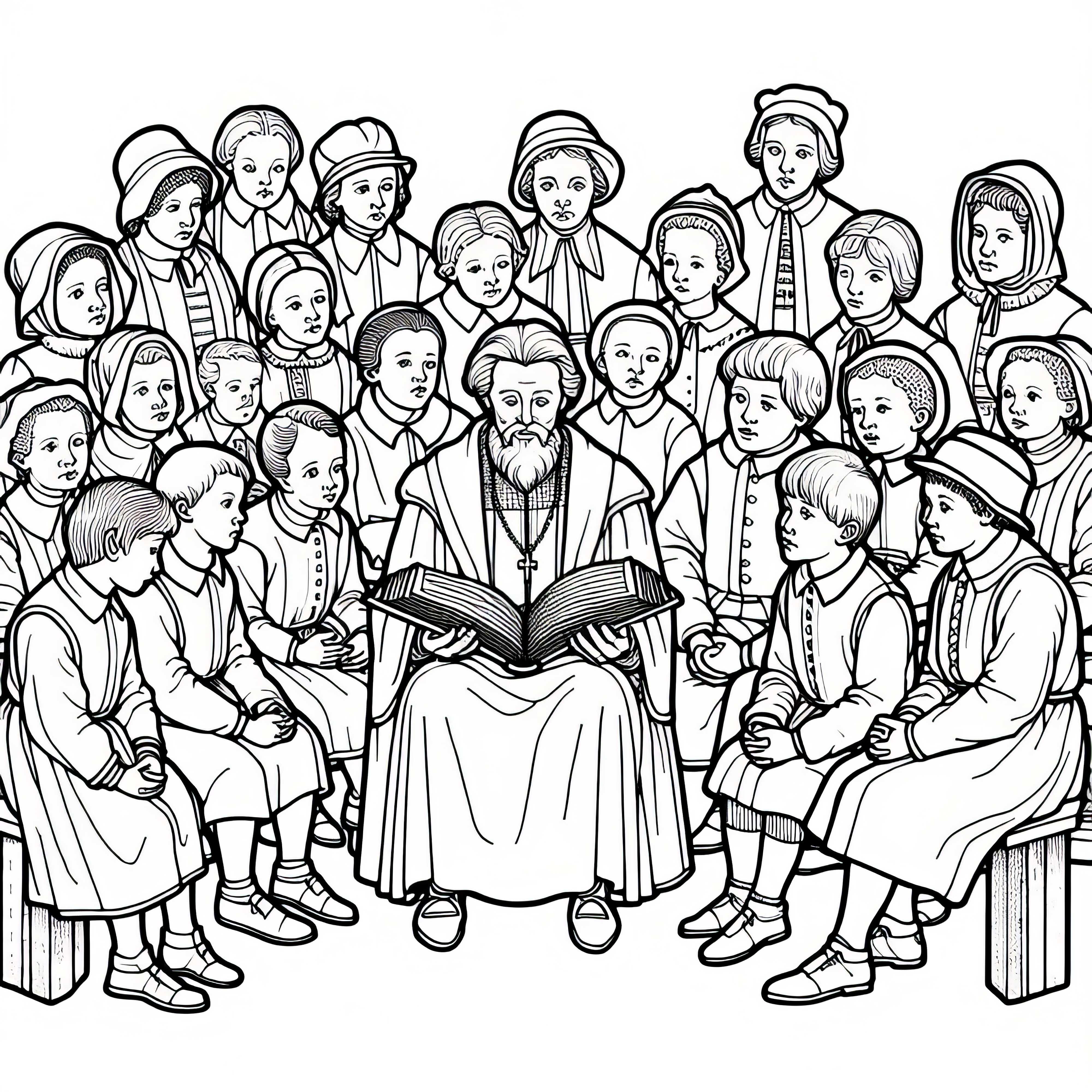 Otroci poslu&scaron;ajo odrasle, ki berejo iz Biblije &ndash; Brezplačna slika za pobarvanje ob reformaciji