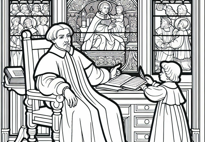 Martin Luther ved skrivebordet – Et barn bringer friskt papir som malemal for reformasjonen