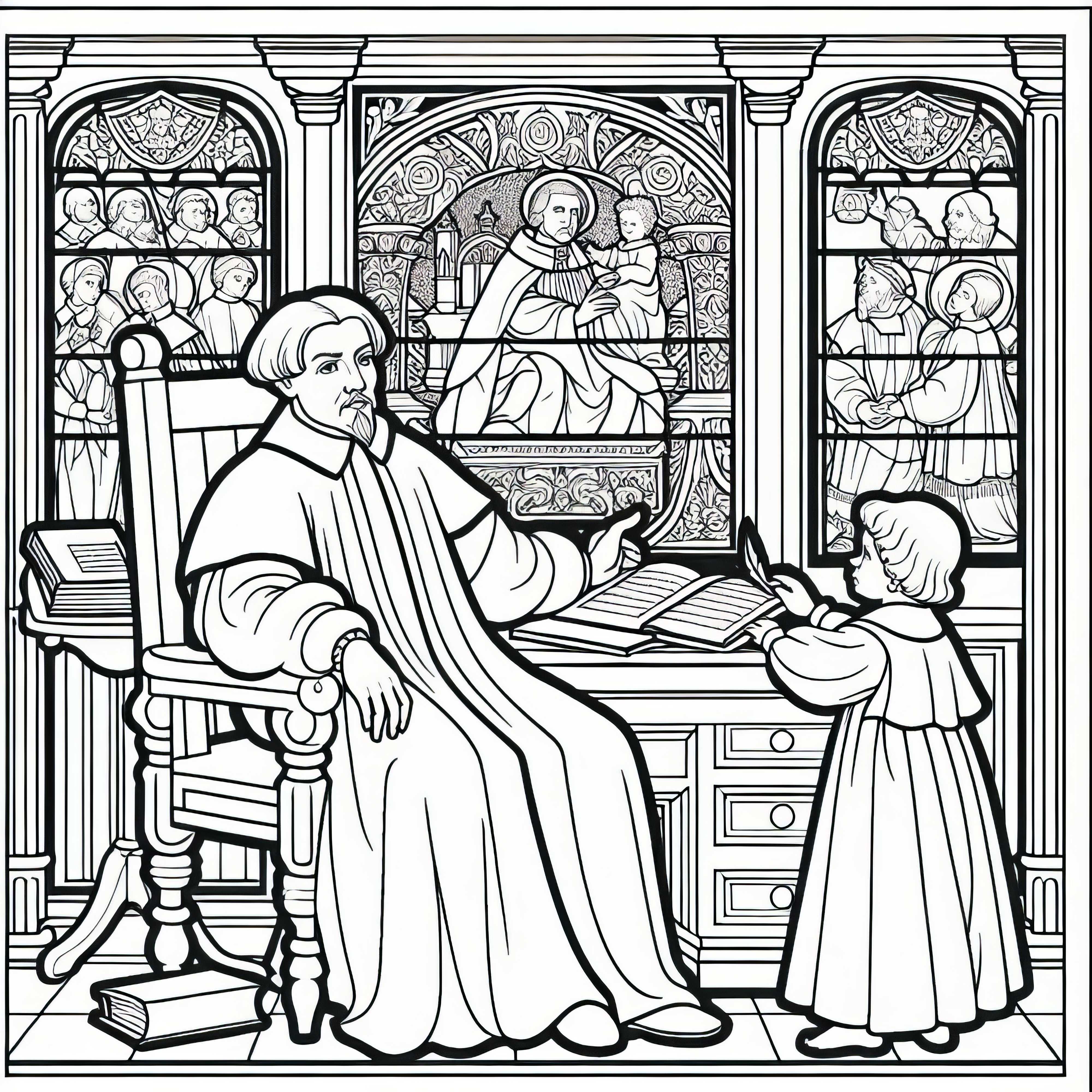 Martinho Lutero na escrivaninha - Uma criança traz papel fresco como modelo de desenho para a Reforma Martinho Lutero na mesa de trabalho - Uma criança traz papel novo como modelo de desenho para a Reforma