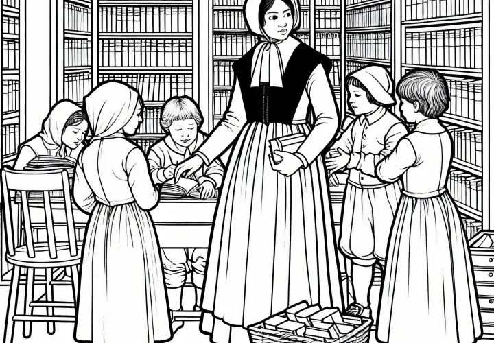 Дети помогают сортировать книги в домашней библиотеке – раскраска Реформация бесплатно