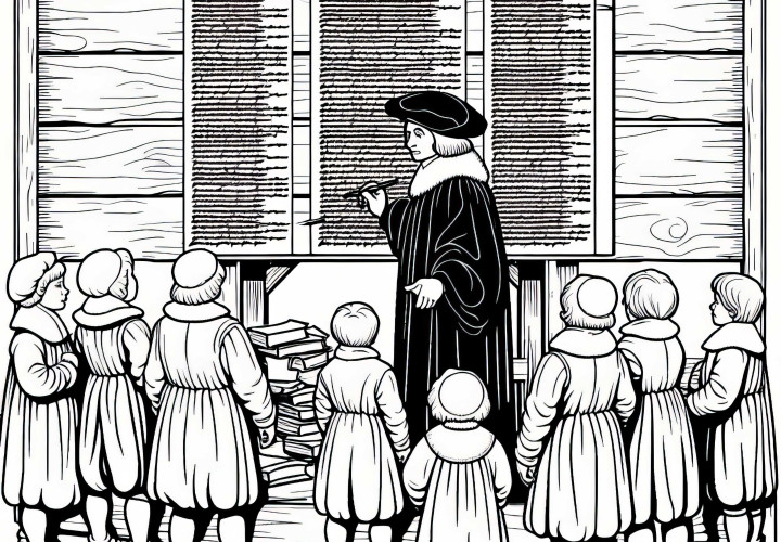 Дети смотрят, как деревянное знамя раскрашивается тезисами – Раскраска Реформации бесплатно