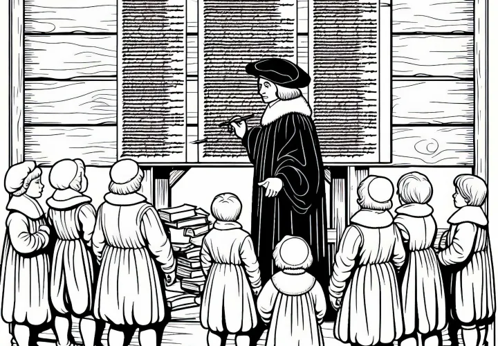 Дети смотрят, как деревянное знамя раскрашивается тезисами – Раскраска Реформации бесплатно