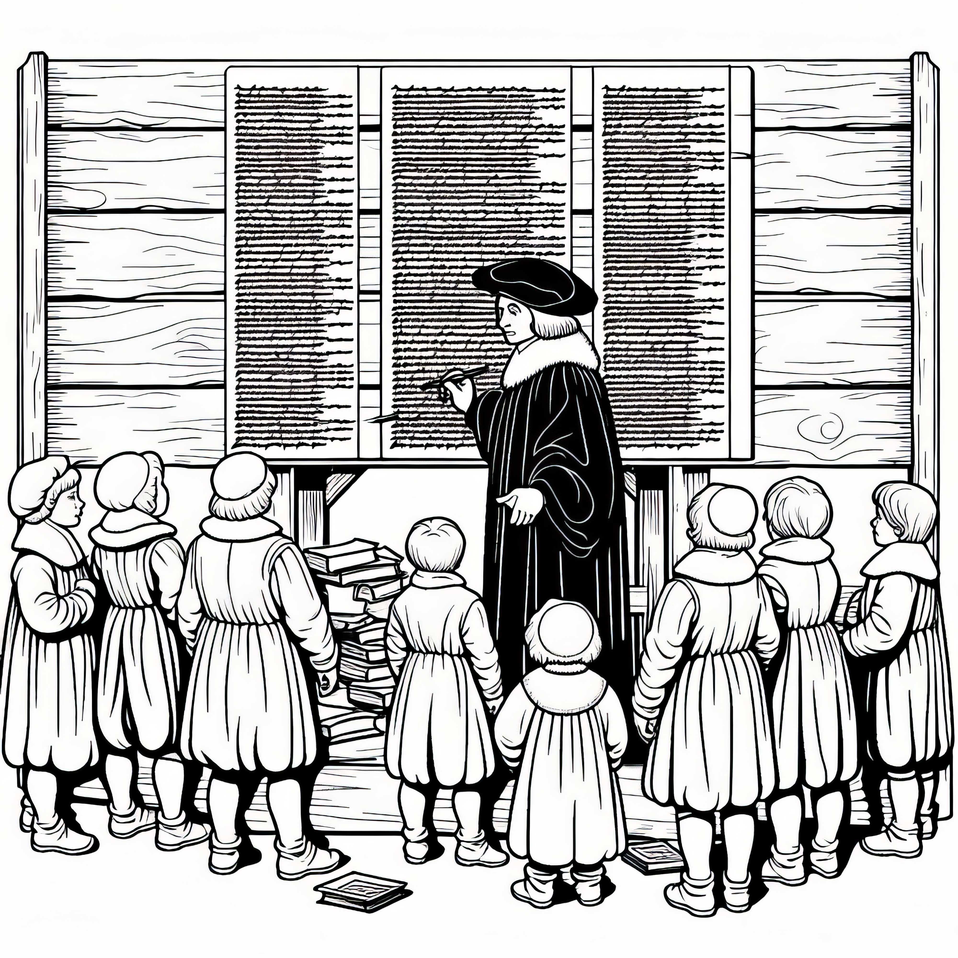 Crian&ccedil;as assistem enquanto a placa de madeira &eacute; pintada com teses - desenho para colorir da Reforma gr&aacute;tis