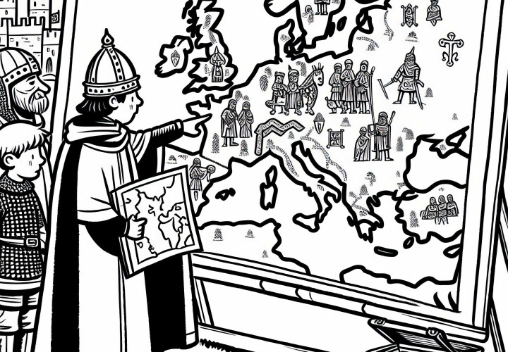 Homem aponta para o mapa, onde o império de Carlos está desenhado - modelo de colorir de Carlos Magno grátis