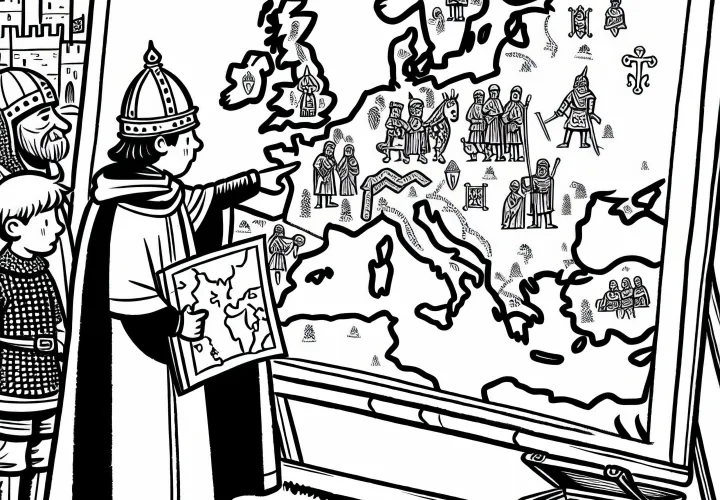 Мужчина указывает на карту, где обозначено королевство Карла – бесплатная раскраска Карл Великий