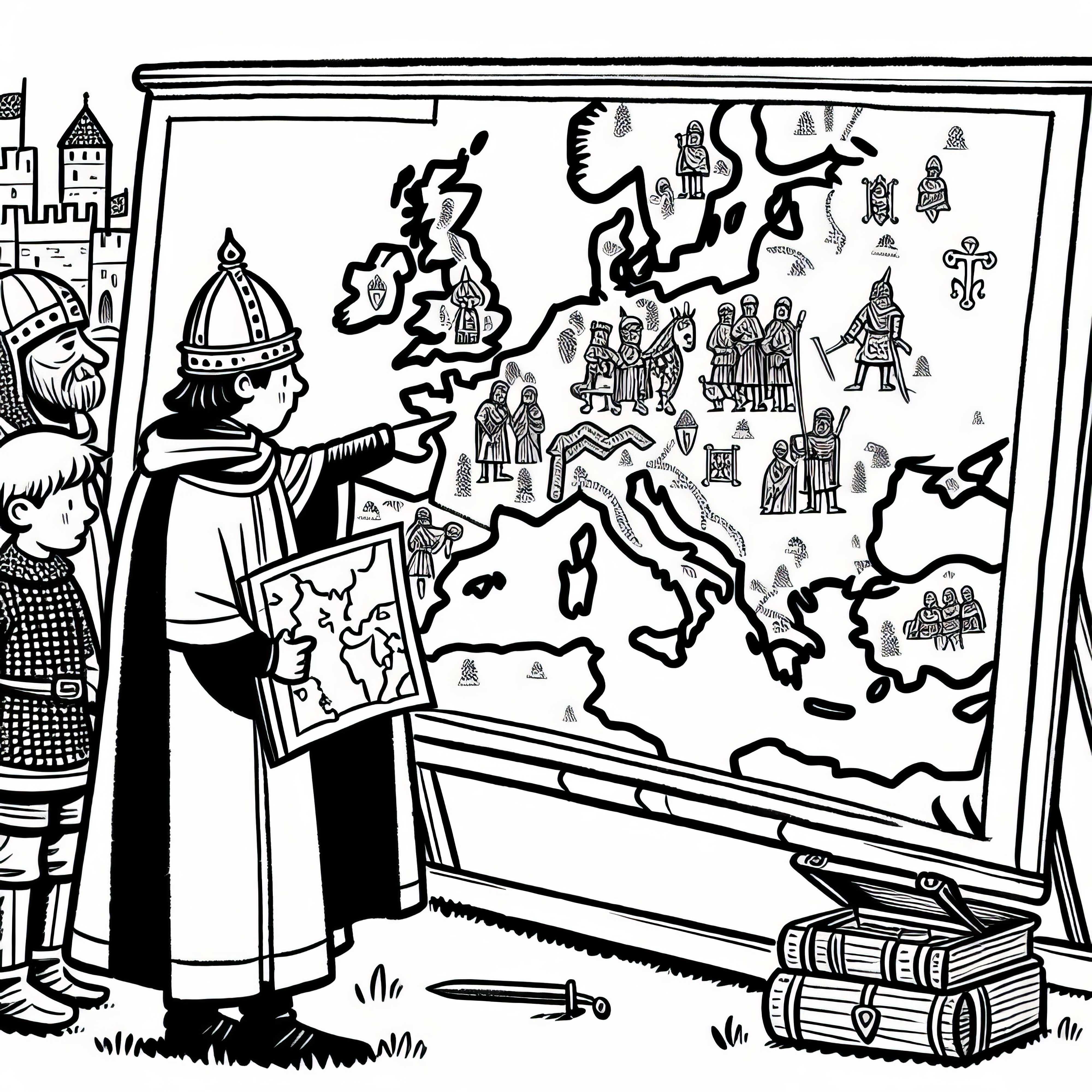 Homem aponta para o mapa onde está desenhado o reino de Carlos – modelo para colorir Carlos Magno grátis