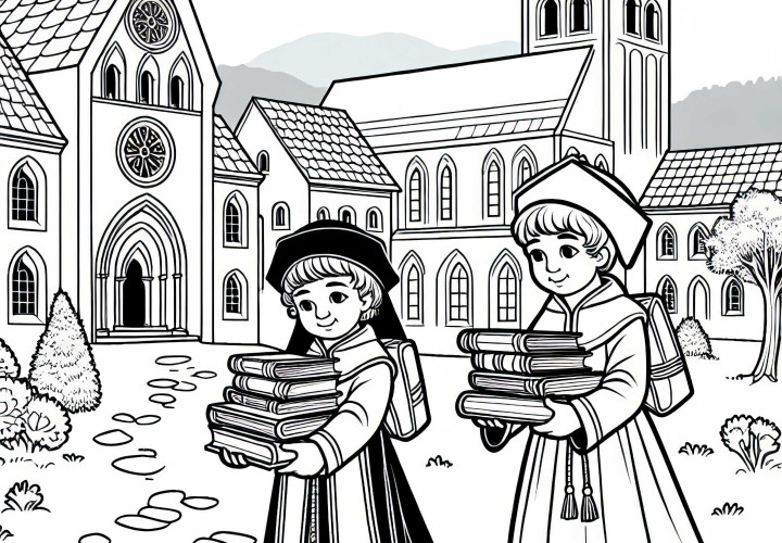 Crianças levam livros para a escola do convento - Desenho para colorir Carlos Magno - Grátis