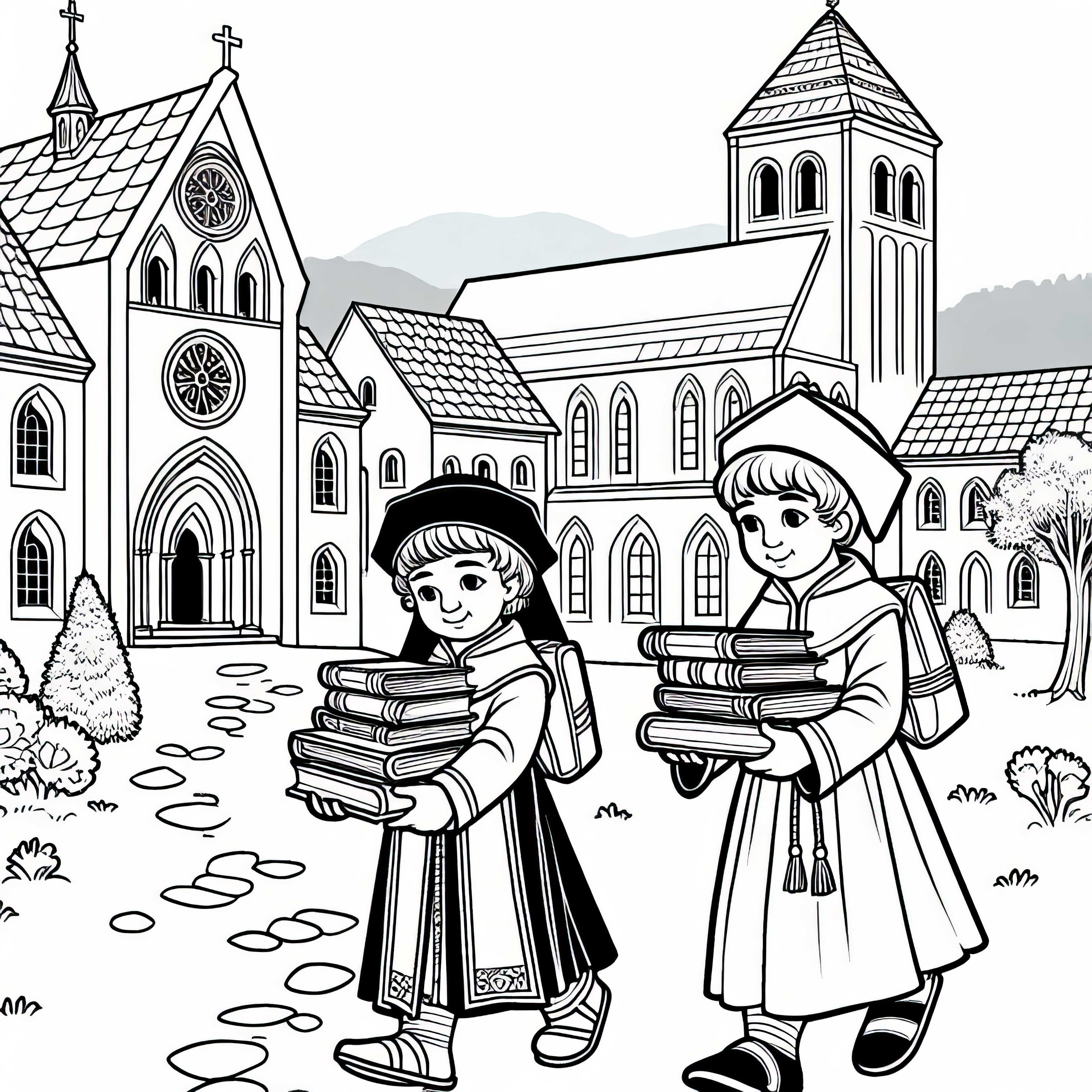 As crianças trazem livros para a escola do convento - Desenho para colorir de Carlos Magno - Grátis