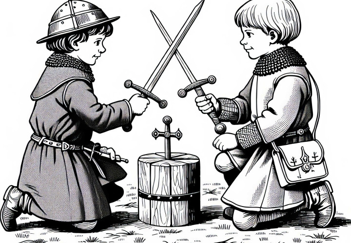 Meninos Brincando Com Espadas de Madeira: Desenho para Colorir do Cavaleiro Carlos Magno Grátis