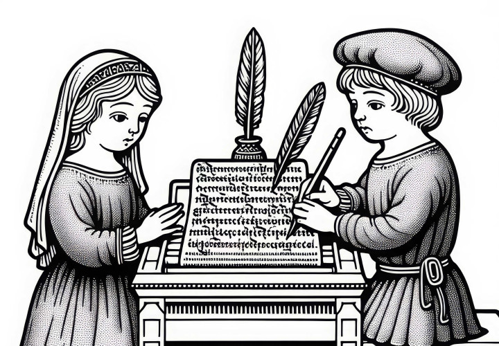 Crianças escrevem letras com pena - Desenho para colorir de Carlos Magno gratuito