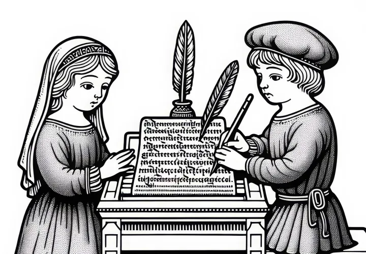 Дети пишут буквы пером – Раскраска Карла Великого бесплатно