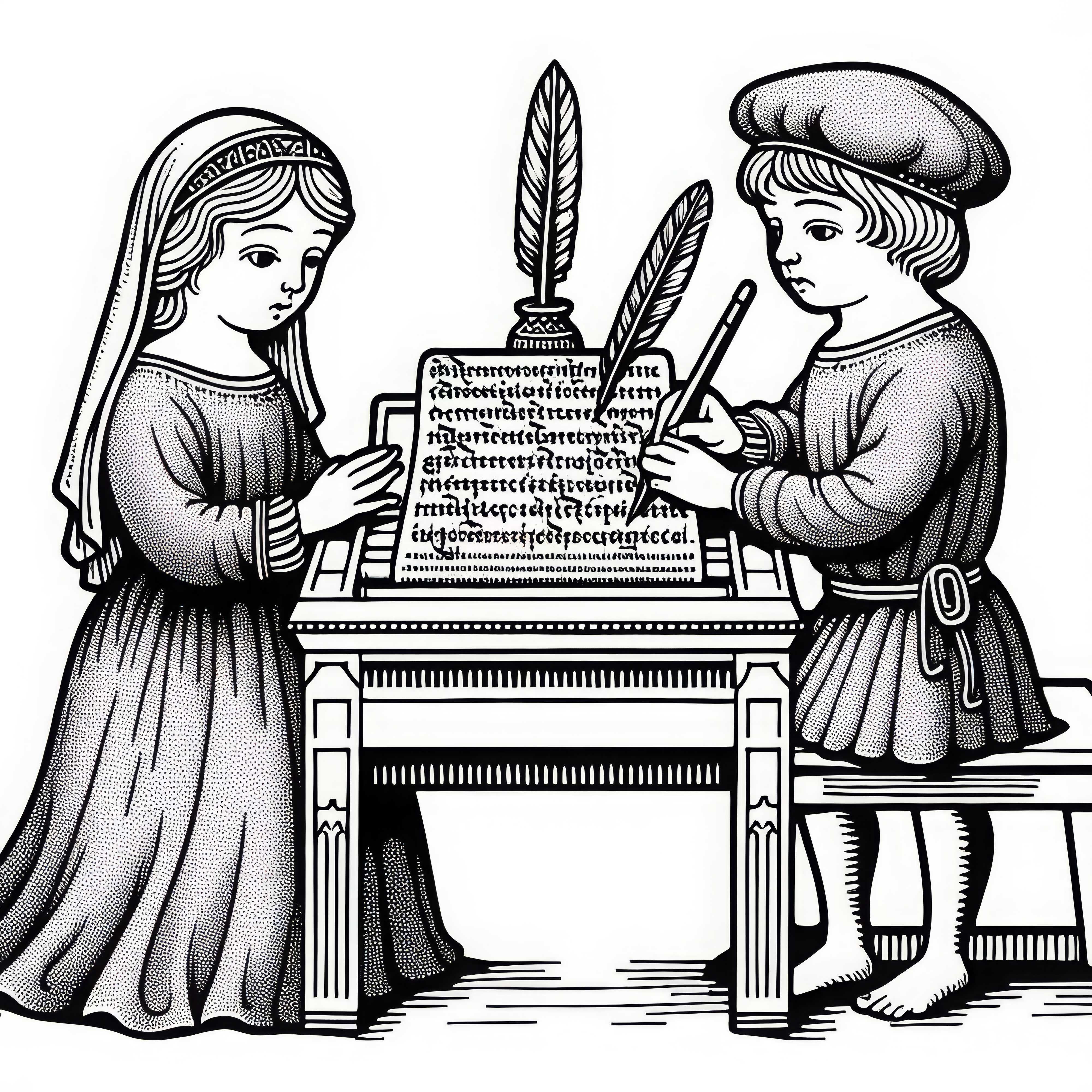 Crianças escrevem letras com pena – Desenho para colorir de Carlos Magno grátis